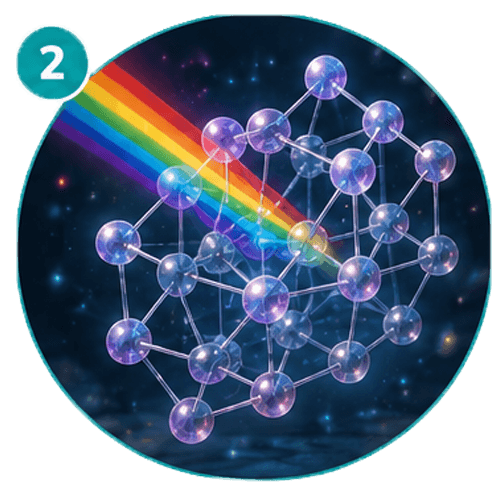 Stap 2: licht dat door een rooster van atomen in een mineraal beweegt