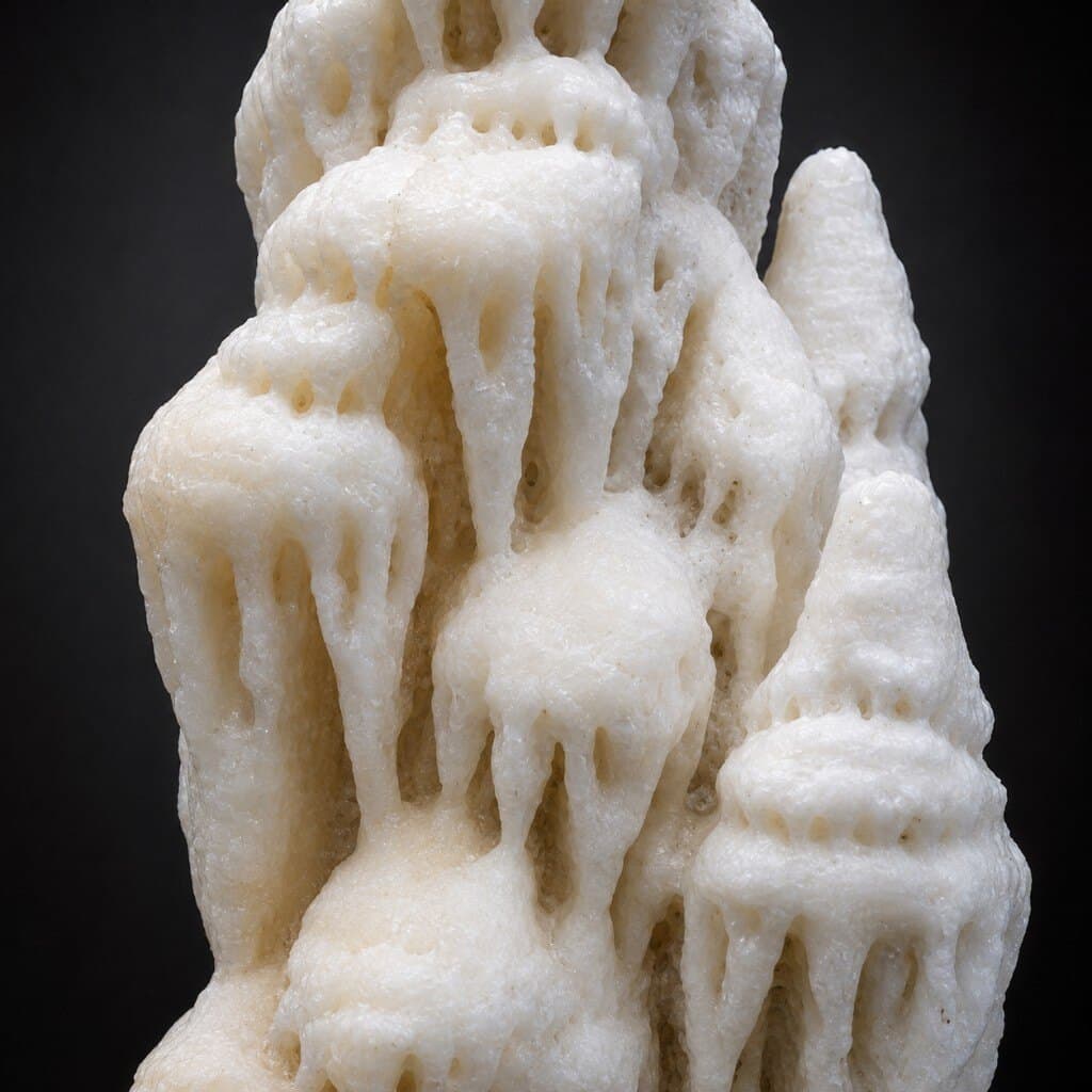 Detail van de calciet-reus: drippers en bollingen van dichtbij