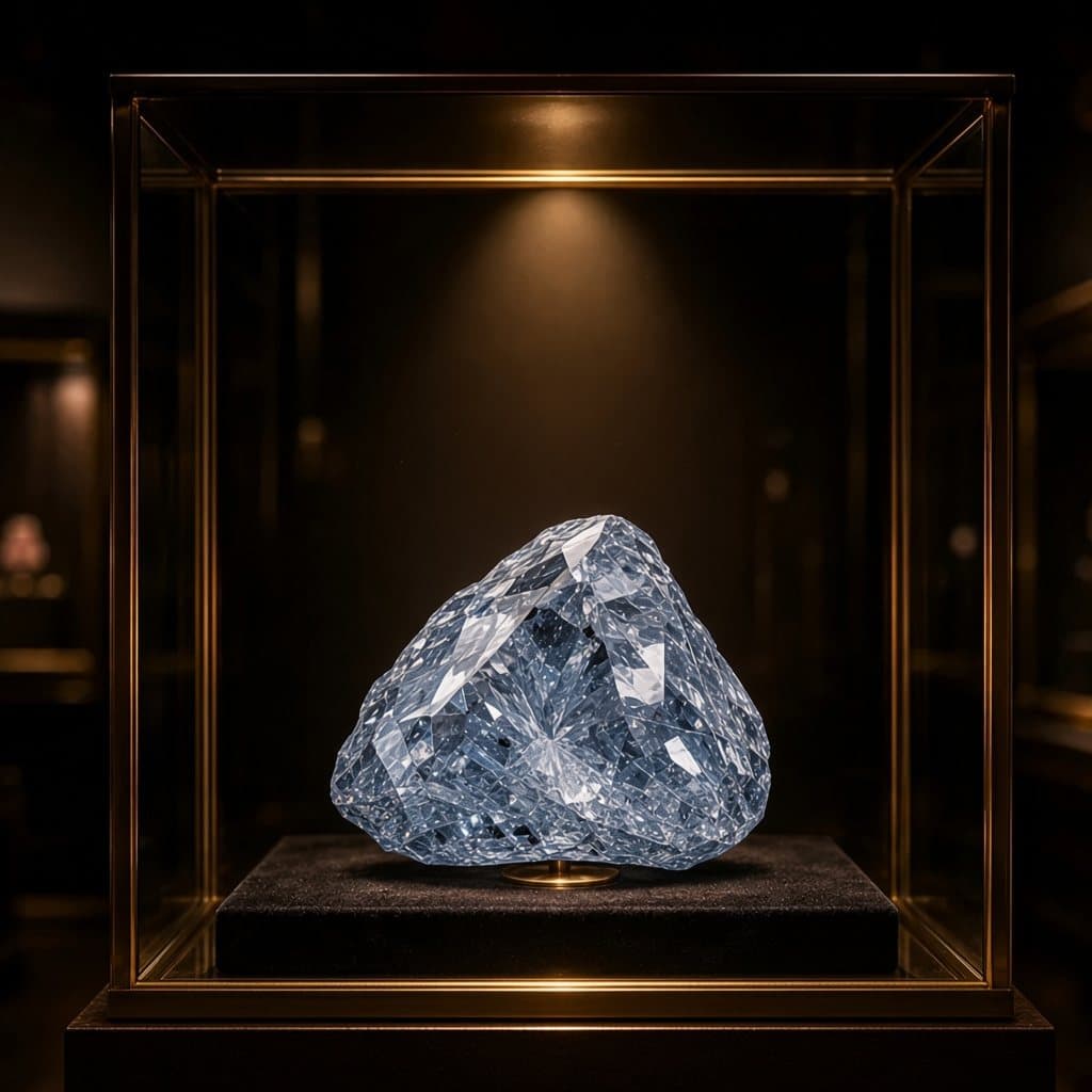 Illustratieve impressie van de Excelsior: een lage blauwwitte ruwe diamant, plat aan de onderkant en oplopend naar een richel