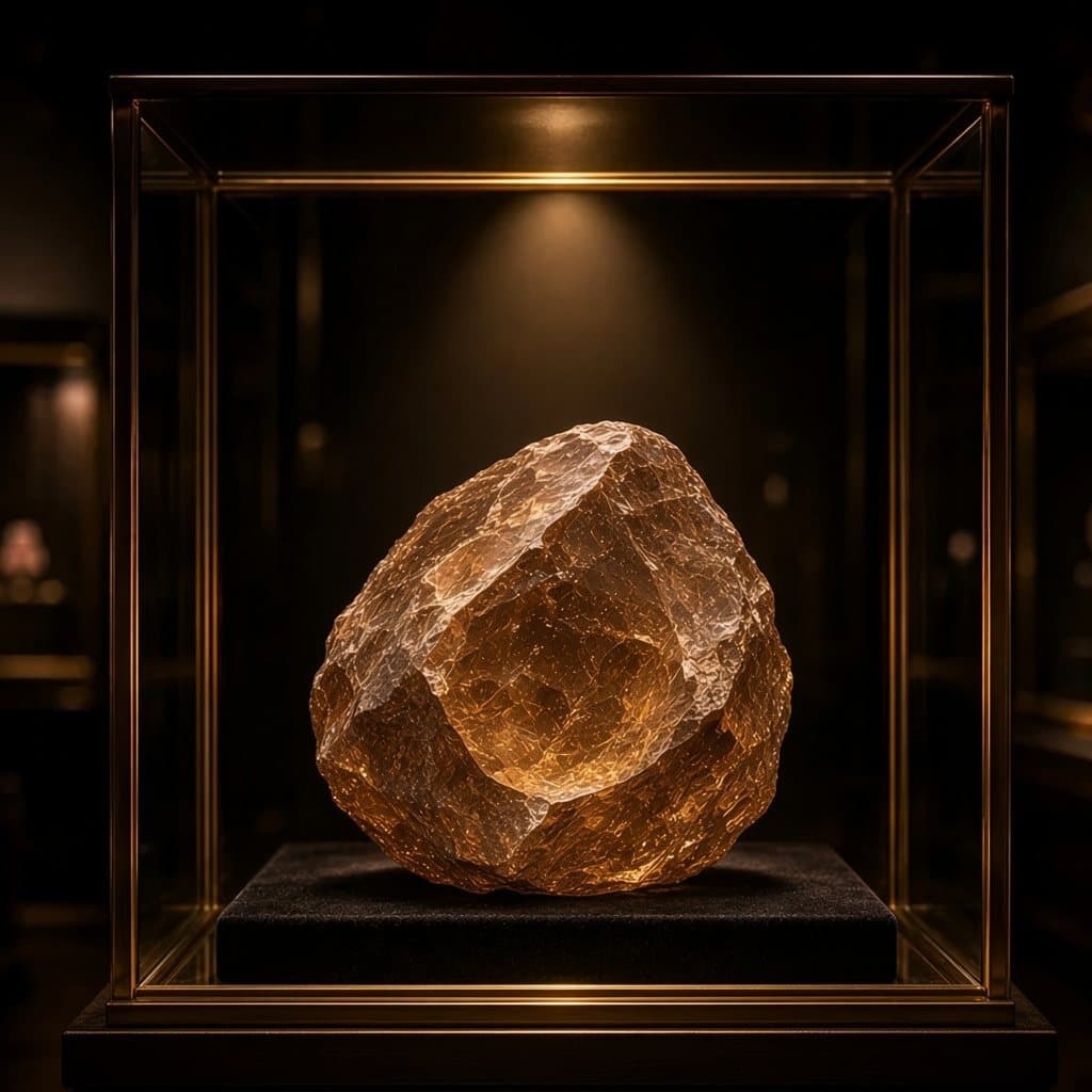 Illustratieve impressie van de ruwe Incomparable: een onregelmatige goudbruine diamant
