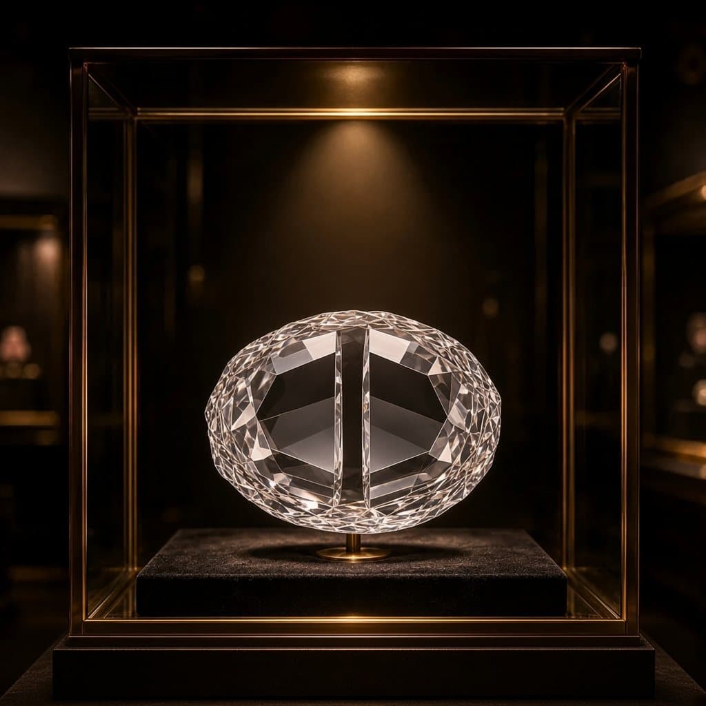 Illustratieve impressie van de Lesedi La Rona: een platte heldere ruwe diamant met een splijtvlak als venster