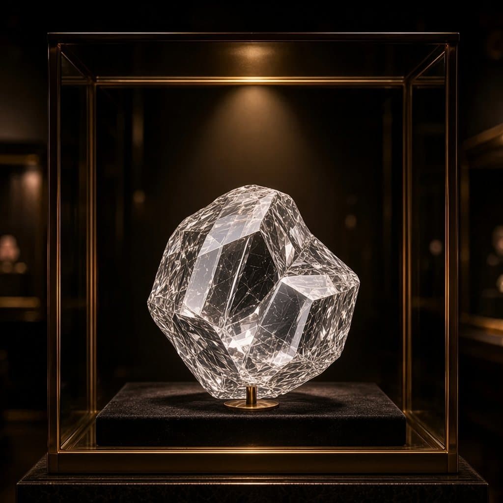 Illustratieve impressie van de Motswedi: een grote heldere ruwe diamant met zichtbare blokken