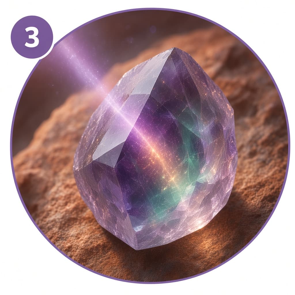 Stap 3: violet licht dat in een kristal wordt opgevangen