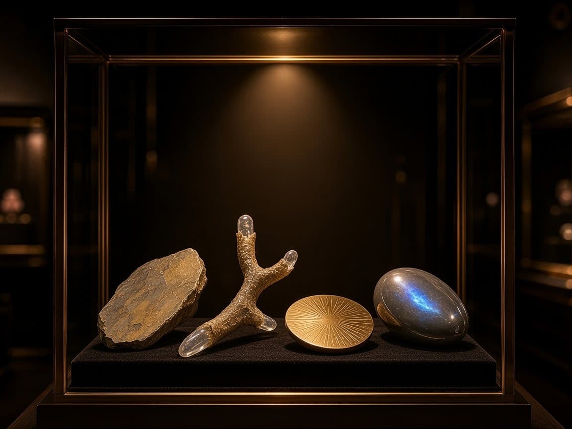 Illustratieve impressie van vier rariteiten in een museumvitrine: een zandsteen, een vertakte glasbuis, een gouden schijf en een steen met blauwe glans