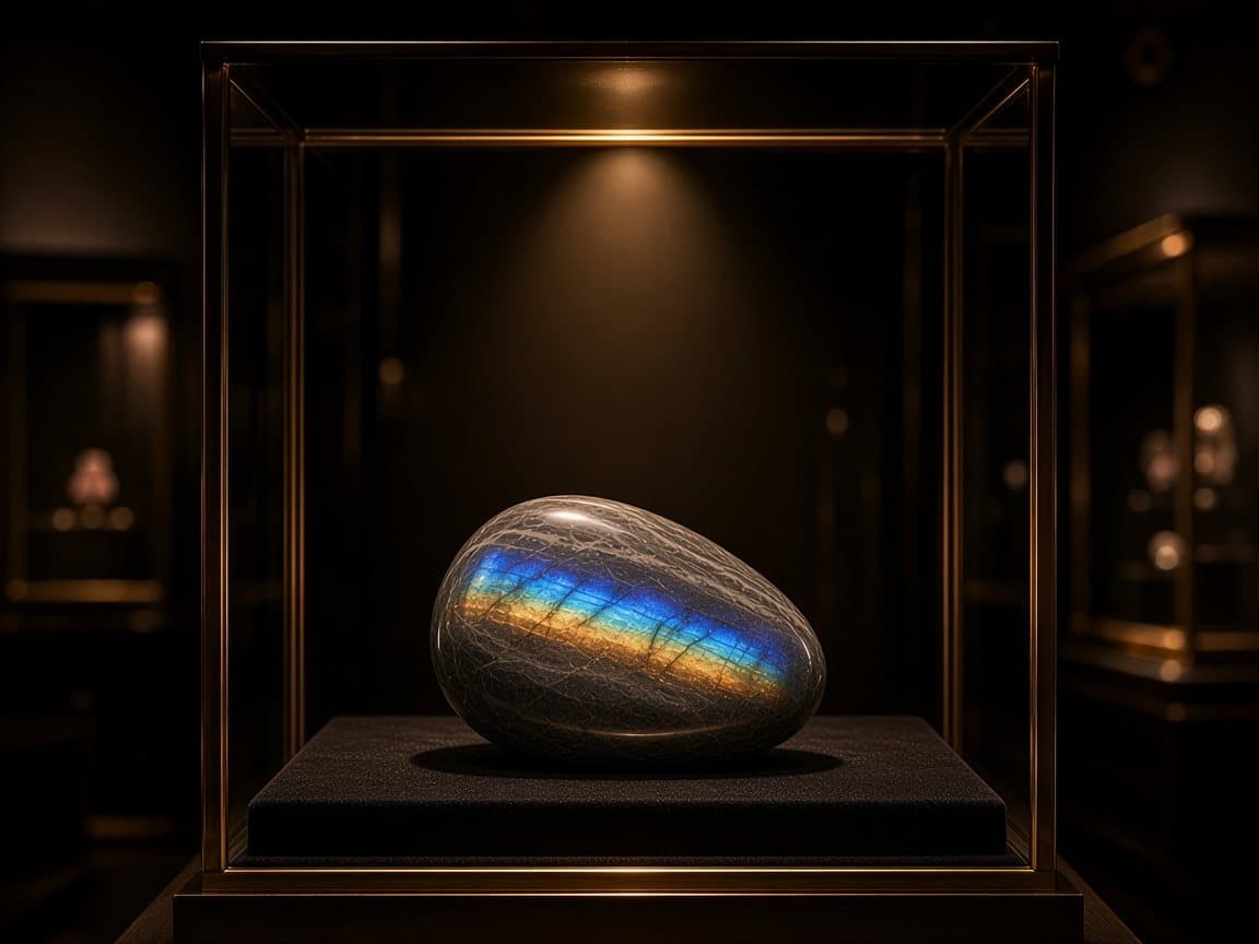 Illustratieve impressie van een gepolijste grijze steen met een baan van blauw en goud