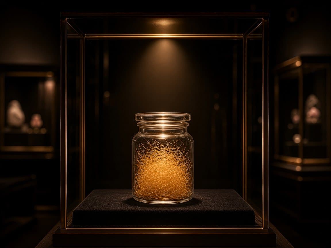 Illustratieve impressie van een glazen potje met goudkleurige, haardunne glasdraadjes