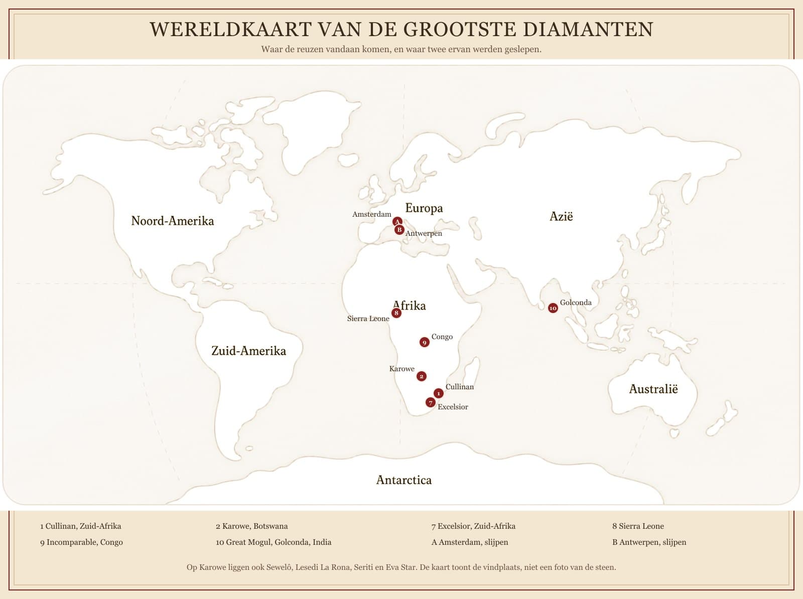 Wereldkaart met de vindplaatsen van de grootste diamanten en de slijpplaatsen Amsterdam en Antwerpen