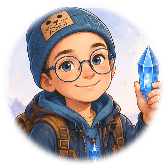 Illustratie van Stefan met een blauw kristal
