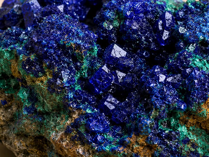 Detailfoto van azuriet met blauwe kristalstructuur