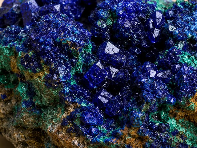Detailfoto van azuriet met blauwe kristalstructuur