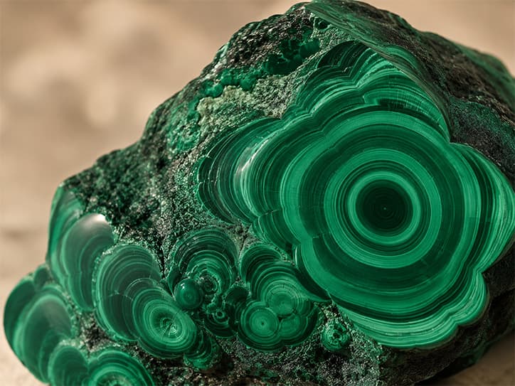 Detailfoto van malachiet met lichte en donkere groene lijnen