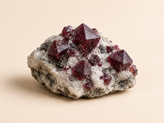Illustratieve afbeelding van rode spinel-kristallen in een lichte matrix