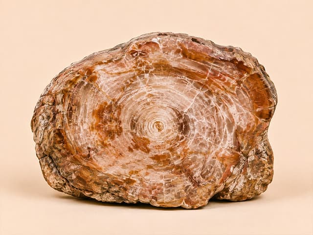 Voorbeeldfoto van versteend hout met gepolijste jaarringen en ruwe schorsrand