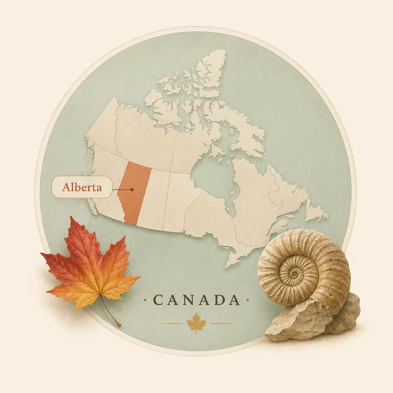 Illustratieve kaart van Canada met Alberta gemarkeerd, een esdoornblad en een ammonietfossiel