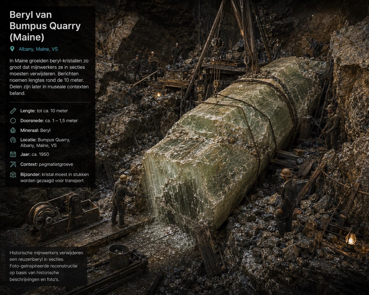 Artistieke reconstructie van de beryl van Bumpus Quarry in Maine