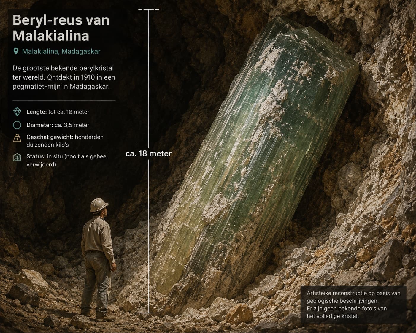 Artistieke reconstructie van de beryl-reus van Malakialina met schaalaanduiding van ongeveer 18 meter