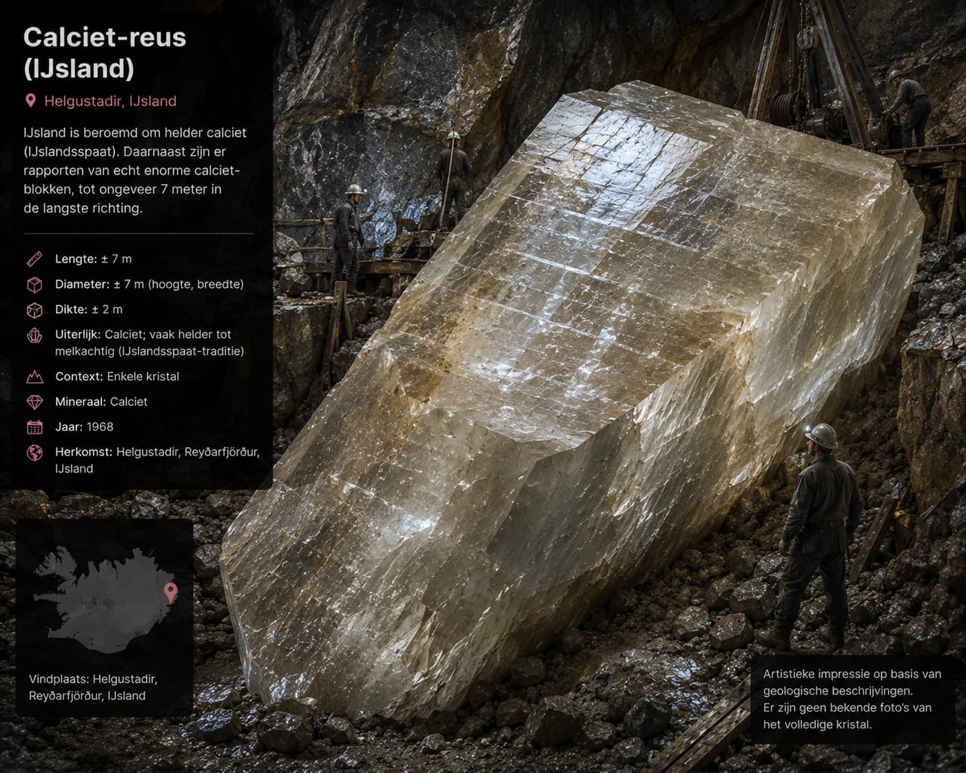 Artistieke reconstructie van de calciet-reus van Helgustadir, IJsland