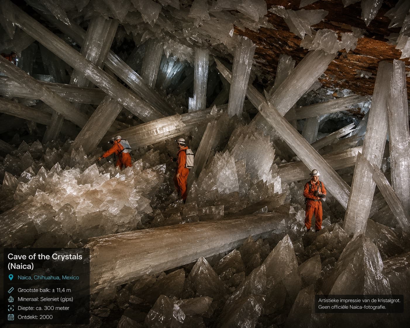 Artistieke impressie van de Cave of the Crystals in Naica met selenietbalken en mensen voor schaal