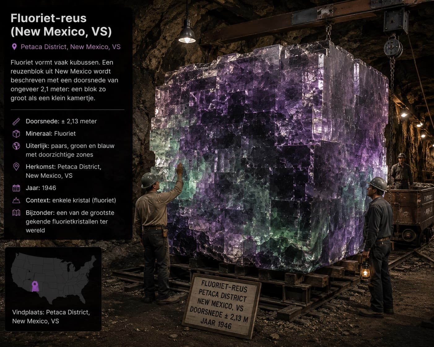 Artistieke reconstructie van de fluoriet-reus uit Petaca, New Mexico