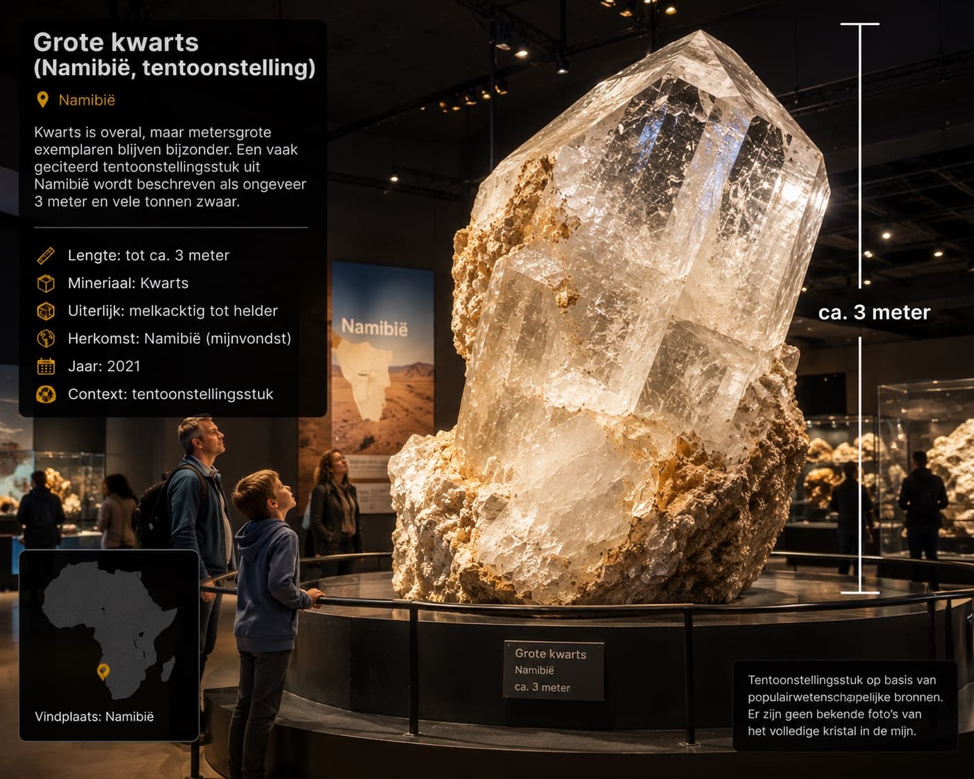 Artistieke impressie van een grote kwarts uit Namibië in tentoonstellingscontext