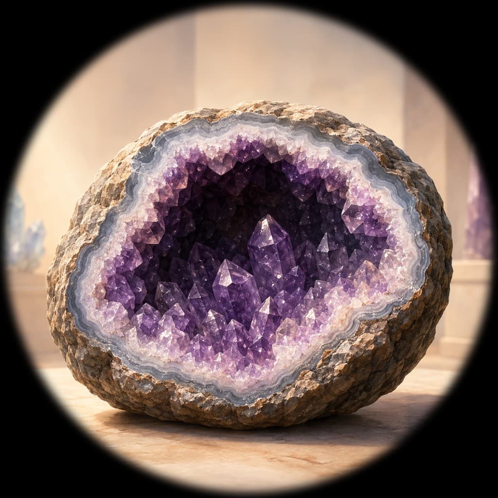 Doorgesneden amethistgeode met ruwe buitenkant en paarse kristallen in de holte, in een rustige museumsetting
