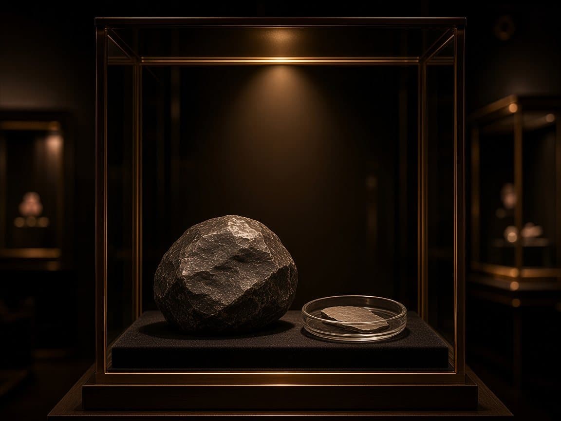 Illustratieve impressie van een donkere ijzermeteoriet naast een schaaltje met een dun metalen plakje