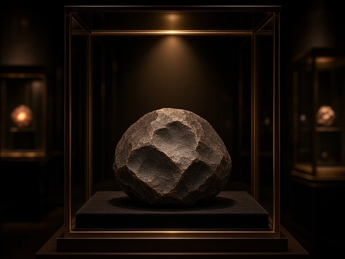 Illustratieve impressie van een donkere ijzermeteoriet met duimafdrukachtige deukjes in een museumvitrine