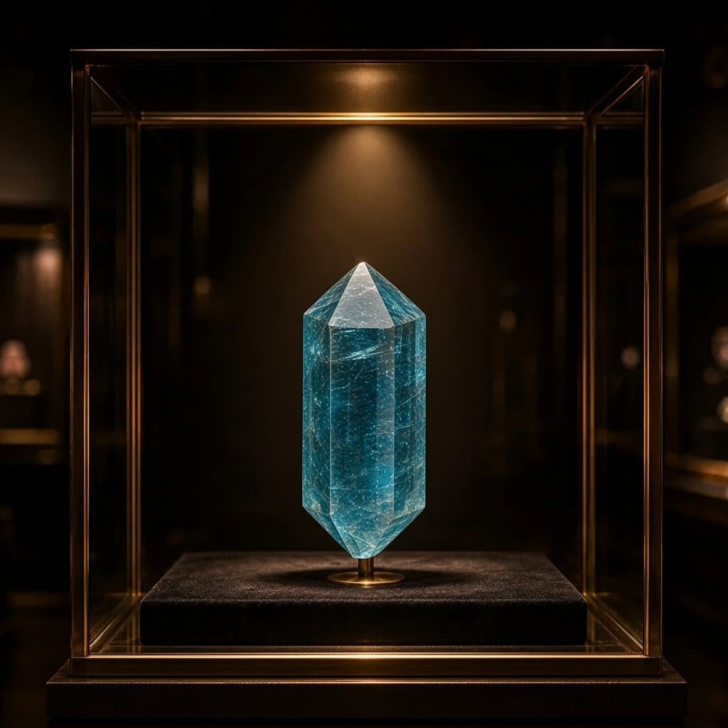 Illustratieve impressie van een blauwgroen, zeskantig apatietkristal