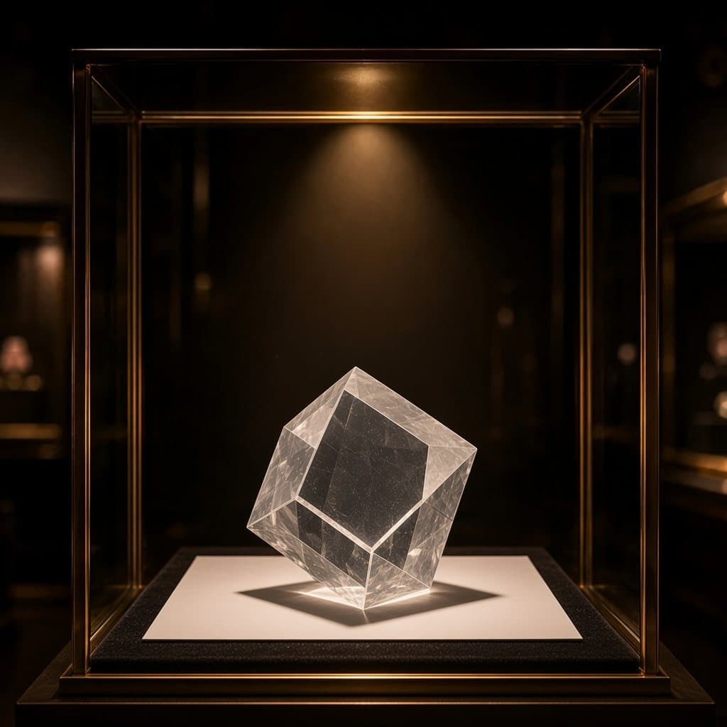 Illustratieve impressie van helder calciet in de scheve doosvorm van een rhomboëder