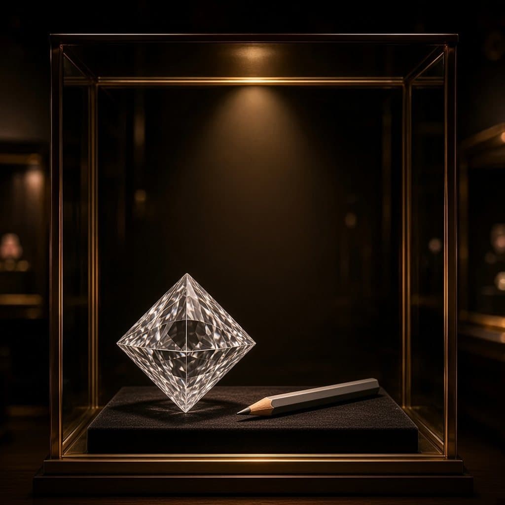Illustratieve impressie van een heldere diamant naast een grijs potlood: allebei koolstof