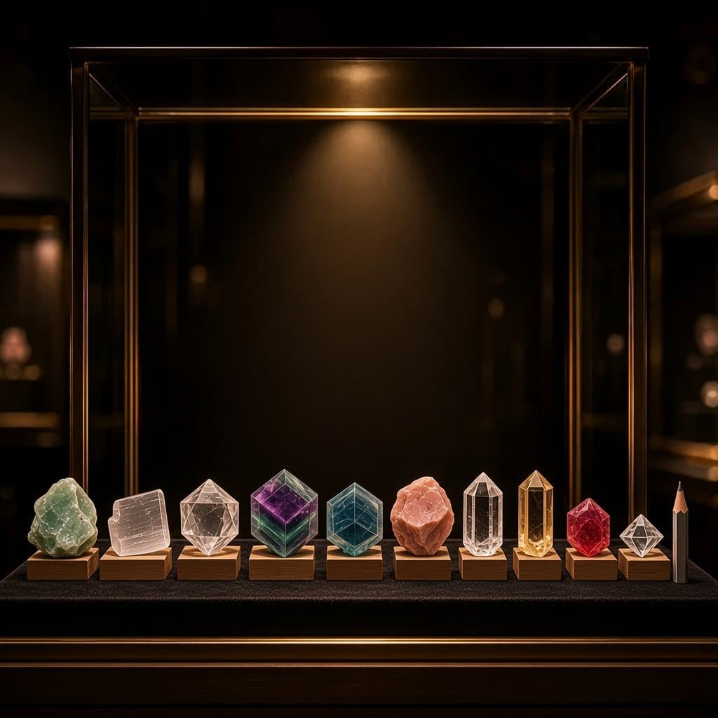 Illustratieve impressie van de tien referentiemineralen op een rij, van een talkblok links tot een diamant en een potlood rechts