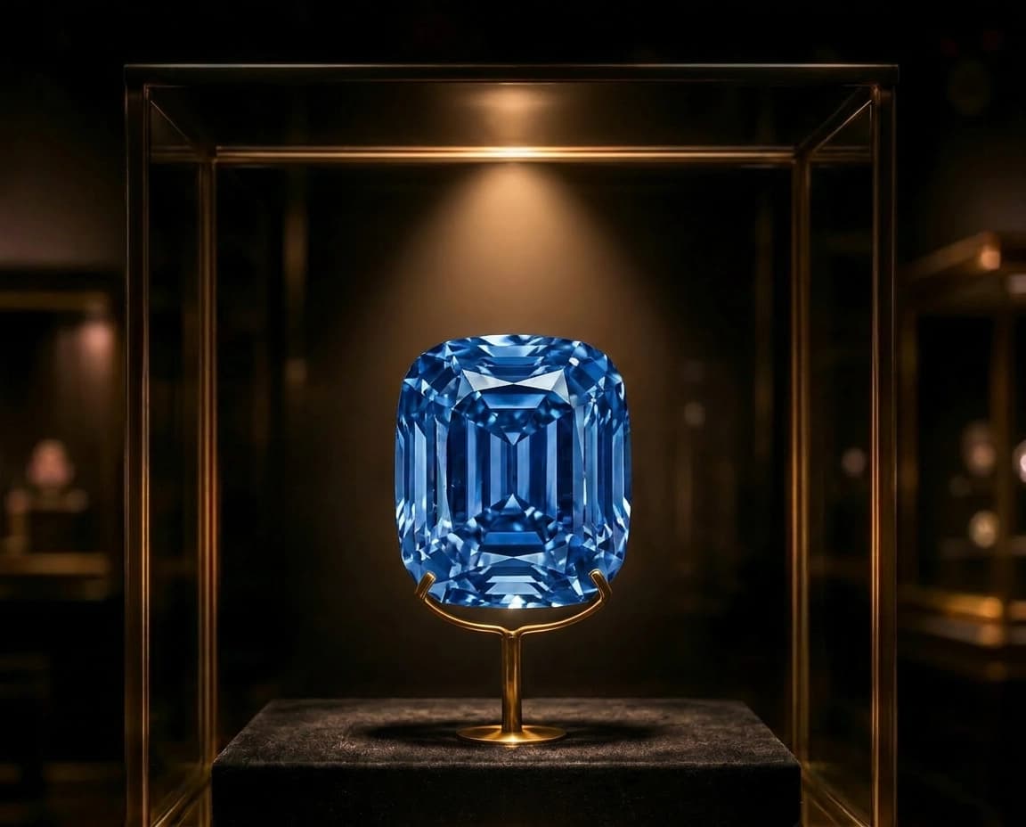 Illustratieve impressie van de Blue Moon of Josephine in een donkere museumvitrine met koel blauw licht