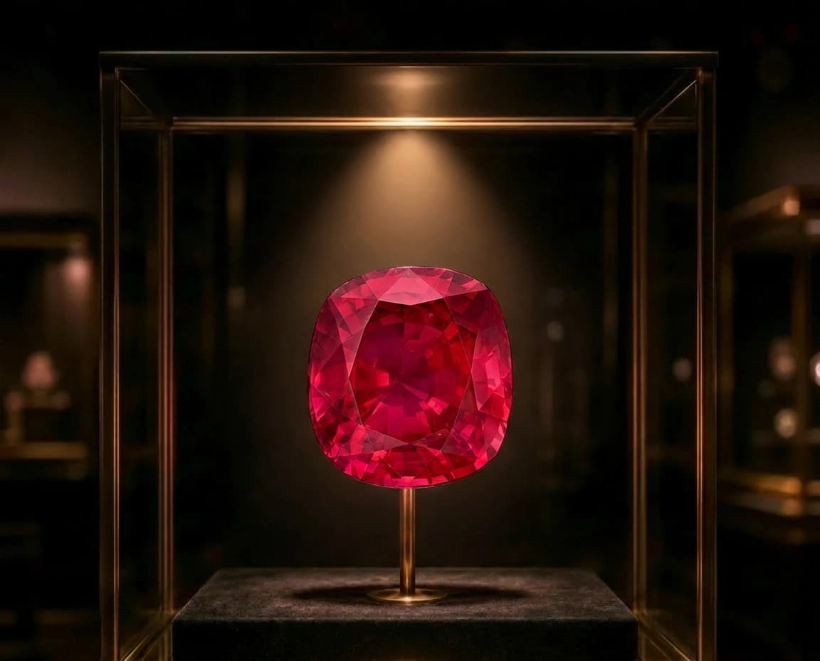 Illustratieve impressie van de Estrela de FURA Ruby in een donkere museumvitrine met dieprood licht
