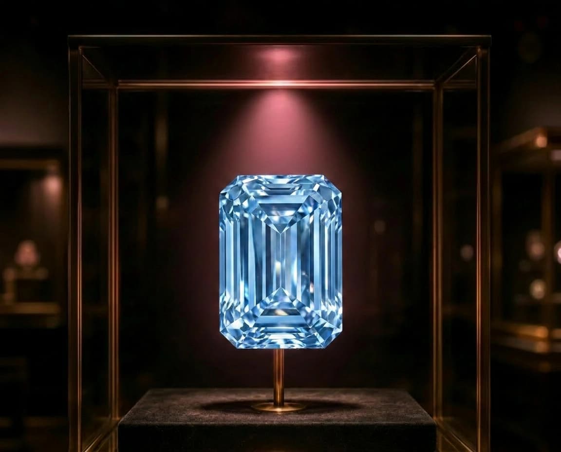 Illustratieve impressie van de Oppenheimer Blue in een donkere museumvitrine met koel blauw licht