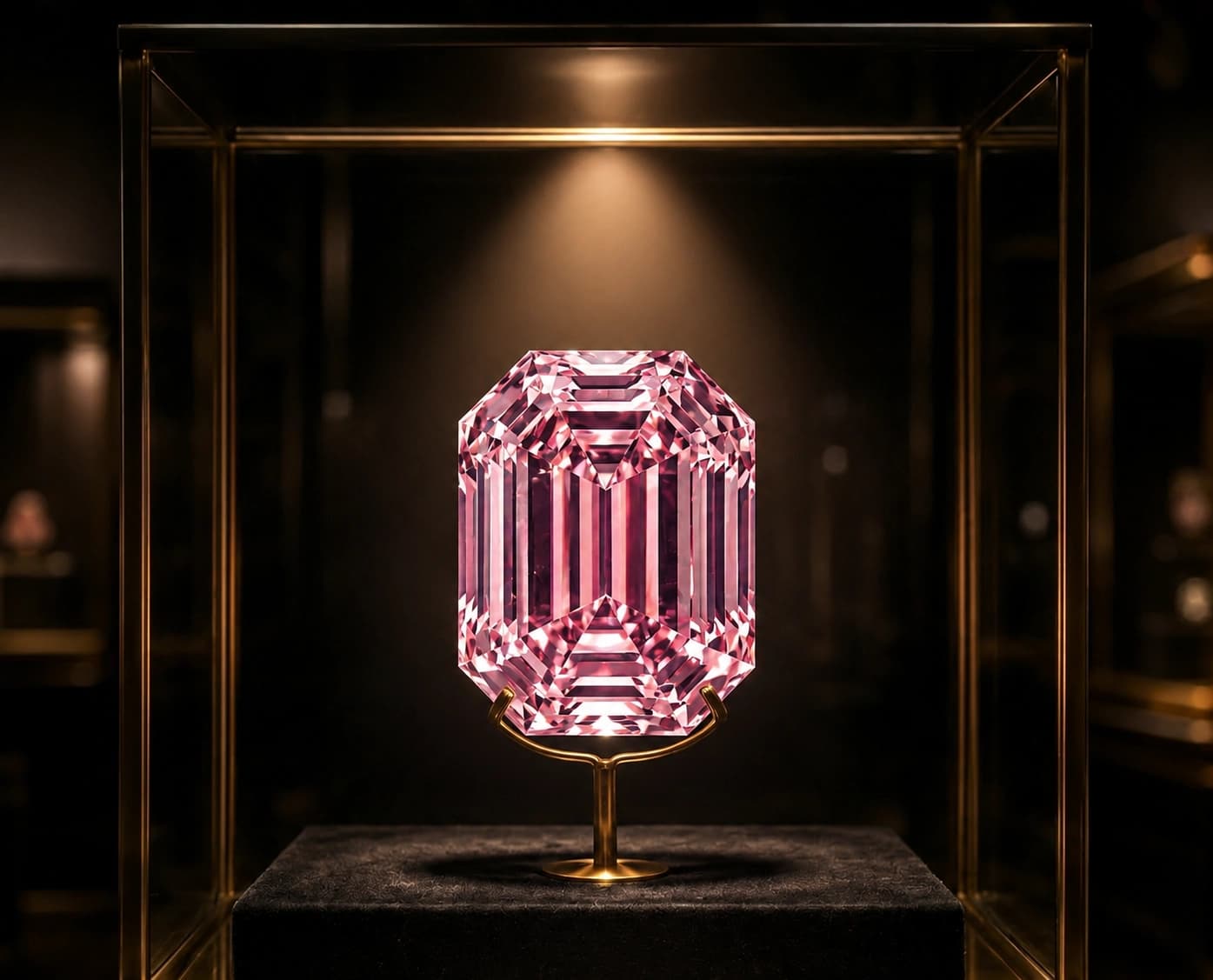 Illustratieve impressie van de Pink Legacy Diamond in een donkere museumvitrine met zacht roze licht