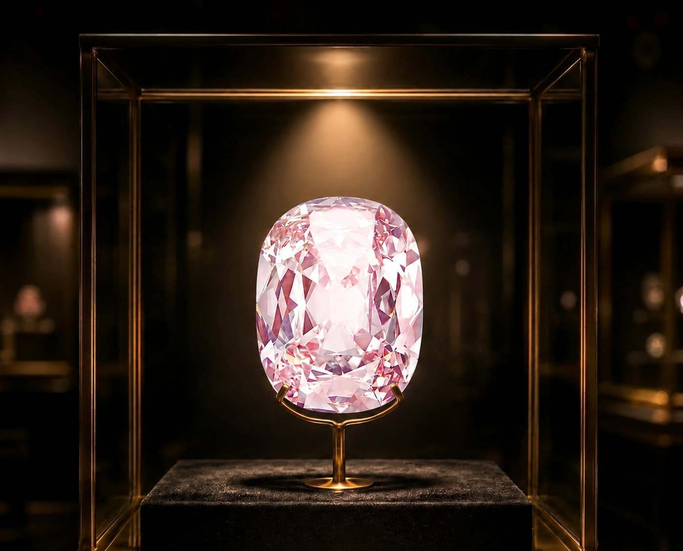 Illustratieve impressie van The Princie Diamond in een donkere museumvitrine met zacht roze licht