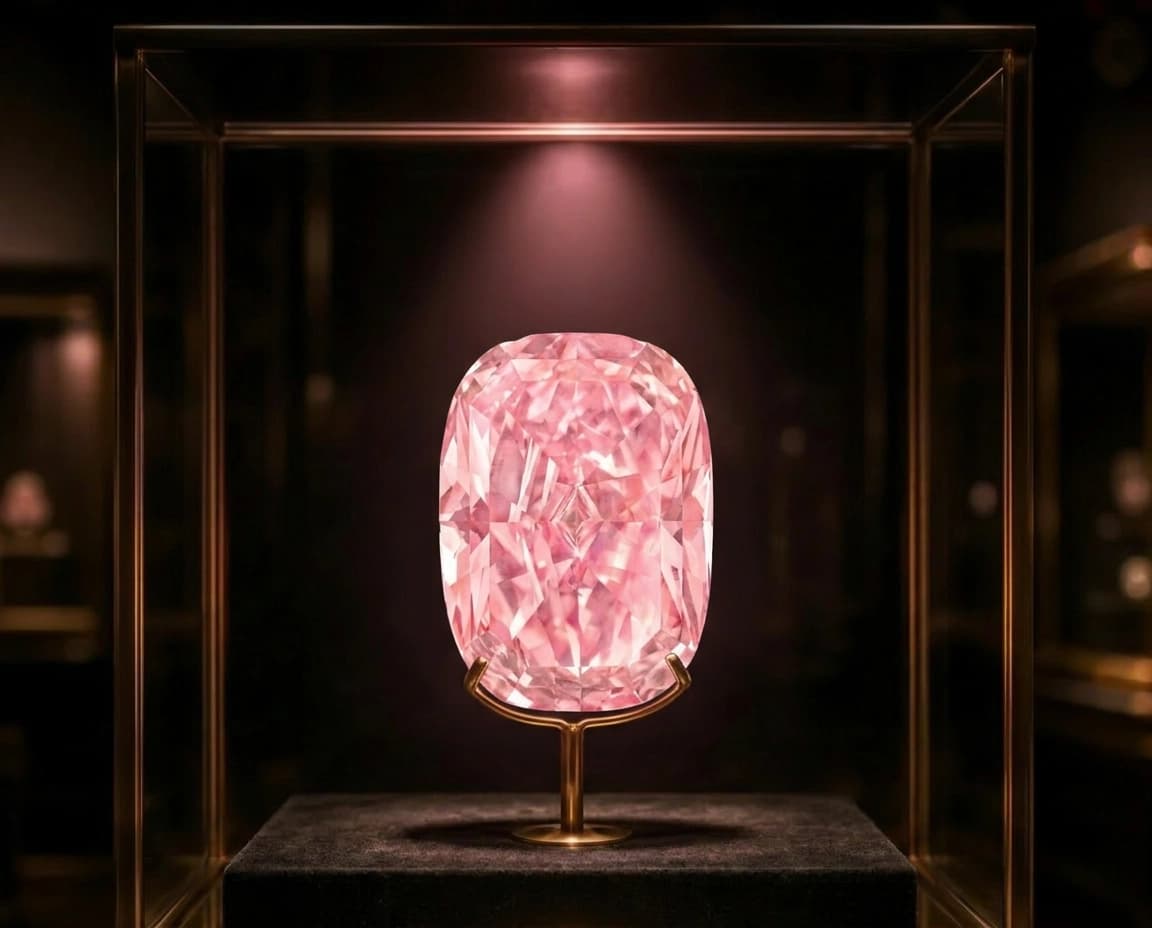 Illustratieve impressie van de Williamson Pink Star in een donkere museumvitrine met warm roze spotlicht