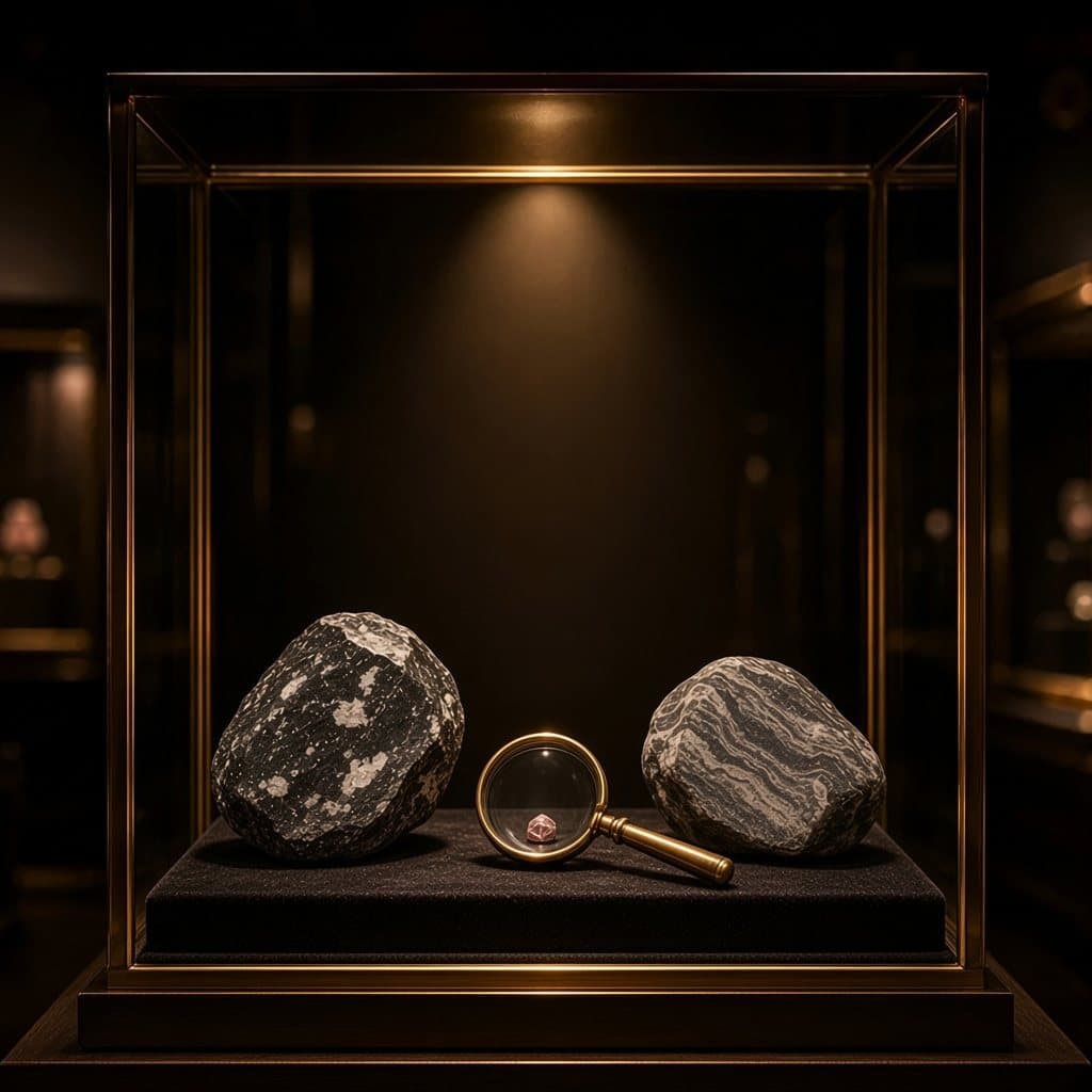 Illustratieve impressie van een donkere meteoriet met lichte vlekjes, een piepkleine korrel onder een vergrootglas en een grijs gestreepte gneis