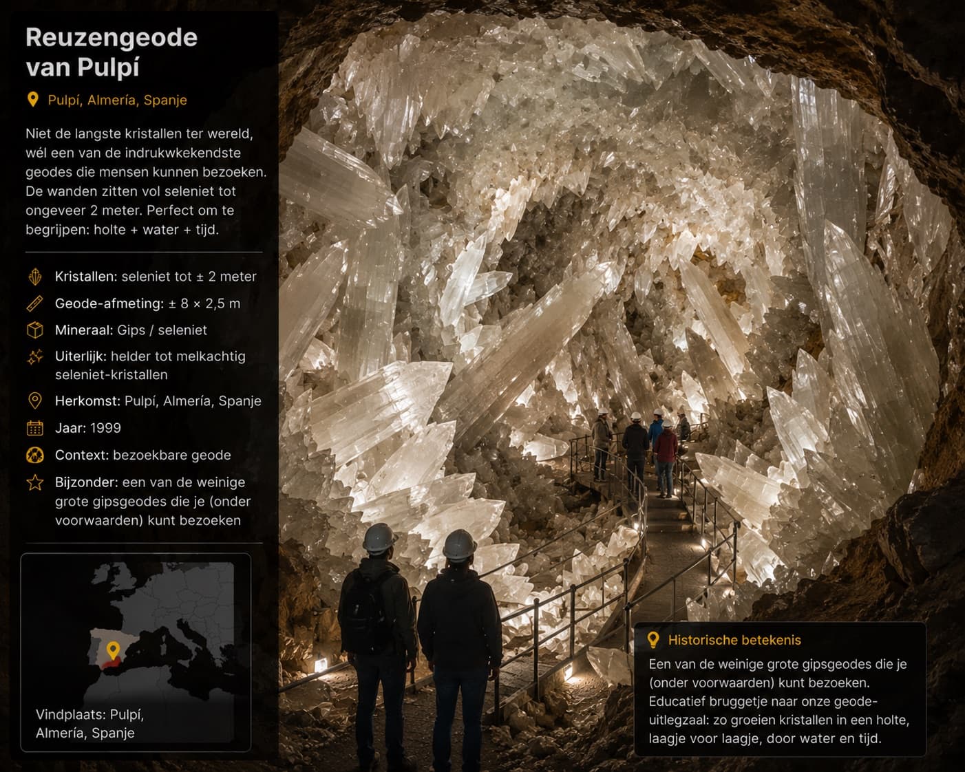 Artistieke impressie van de reuzengeode van Pulpí met seleniet en bezoekers