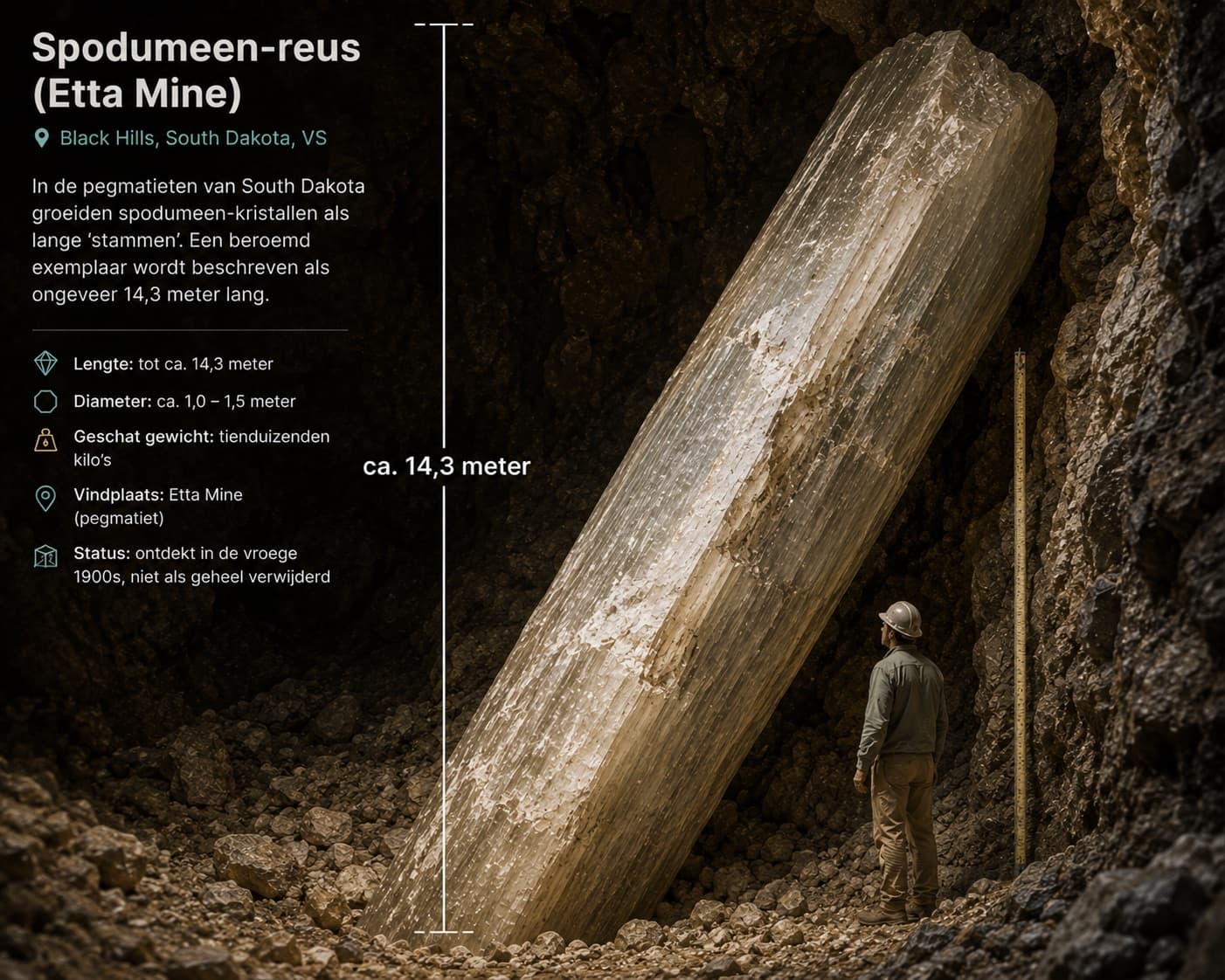 Artistieke reconstructie van de spodumeen-reus uit de Etta Mine