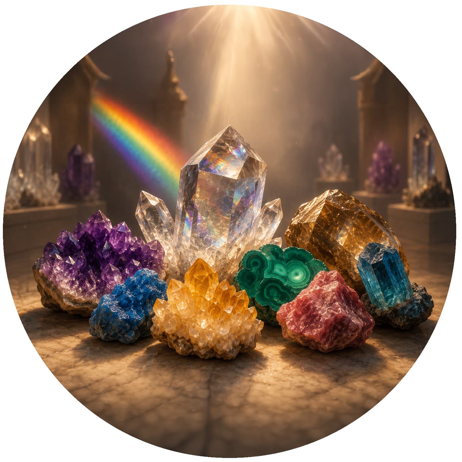 Kleurrijke mineralen en een helder kristal met een regenboogstraal licht, in een rustige museumsetting