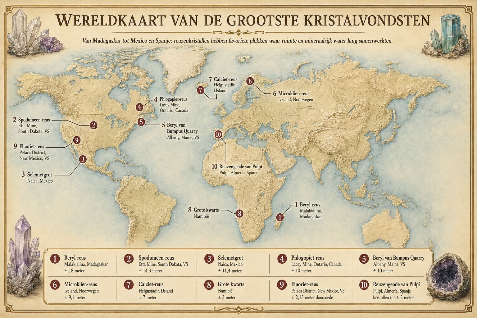 Wereldkaart als uitnodiging om mineraalmusea over de wereld te ontdekken