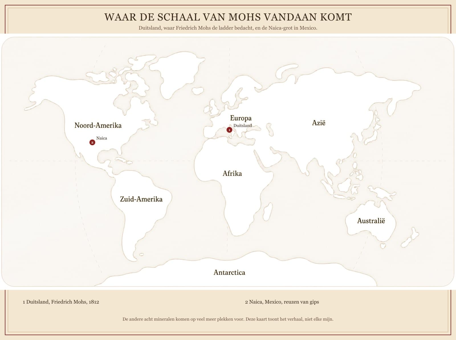 Wereldkaart met Duitsland, waar Friedrich Mohs de schaal bedacht, en de Naica-grot in Mexico