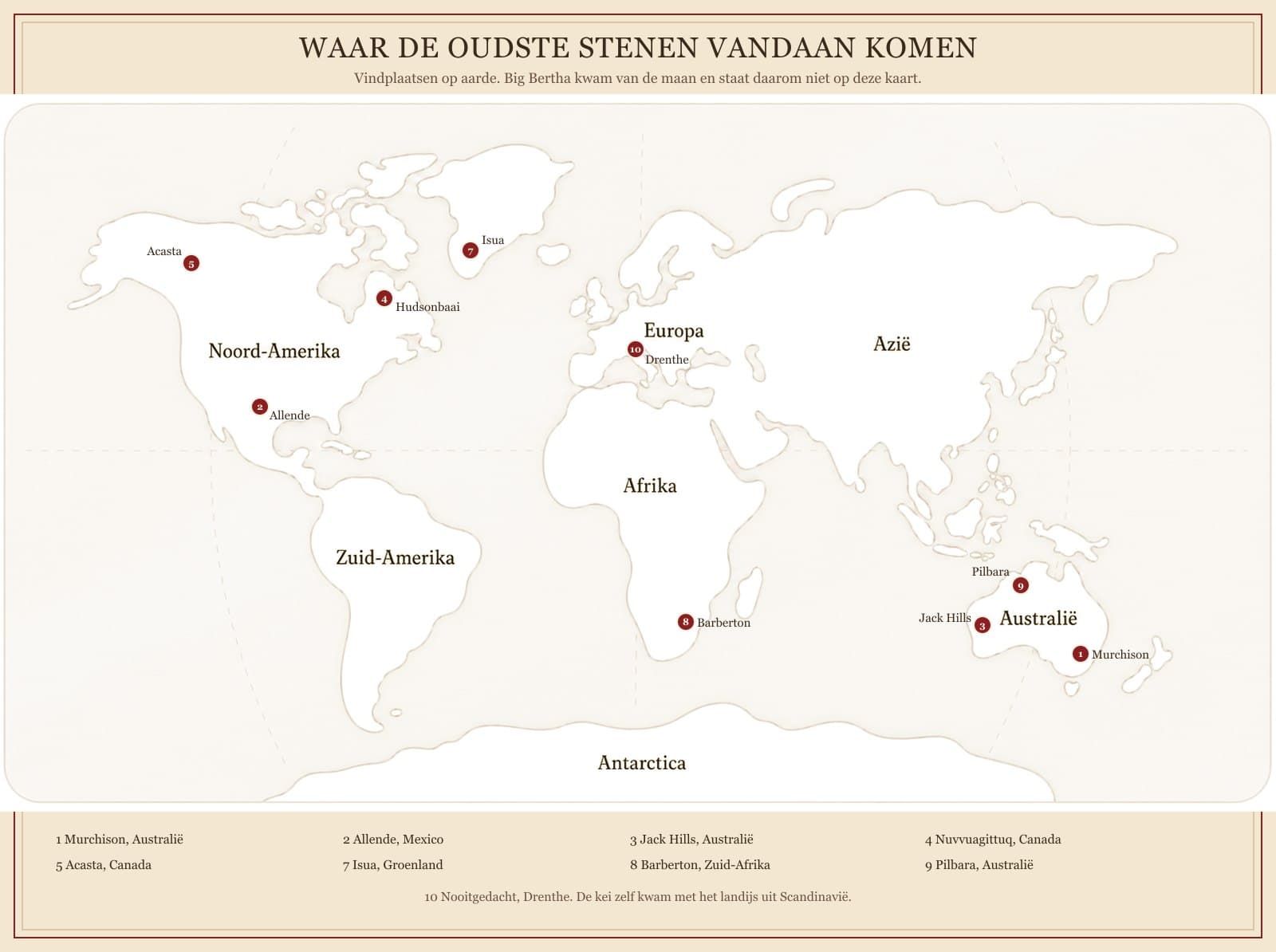 Wereldkaart met de vindplaatsen van de oudste stenen. Big Bertha van de maan staat niet op de kaart.
