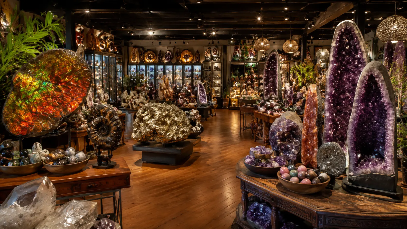 Een grote showroom vol mineralen en kristallen