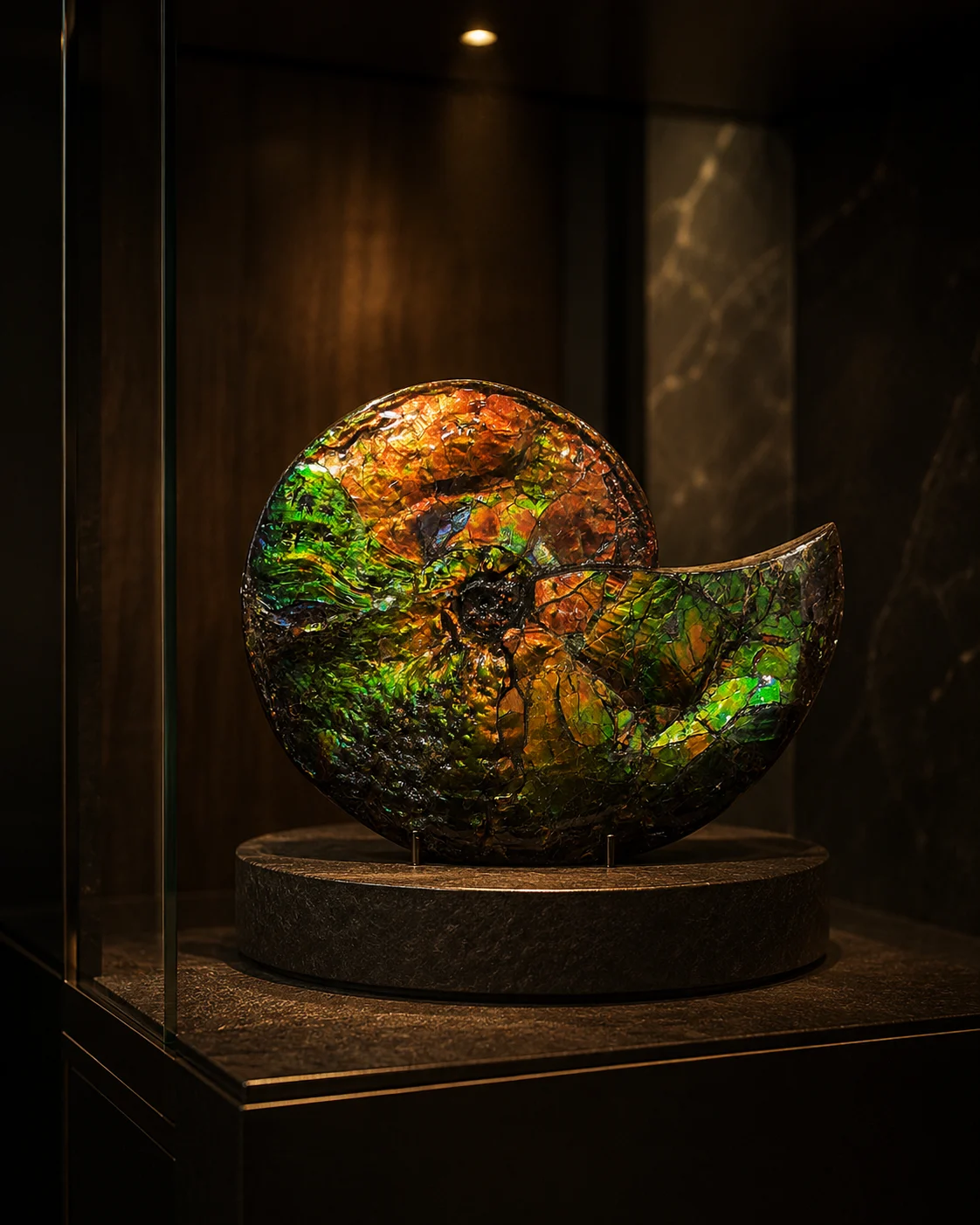 Het ammolietstuk in een donkere vitrine op een stenen sokkel, met warme spotverlichting