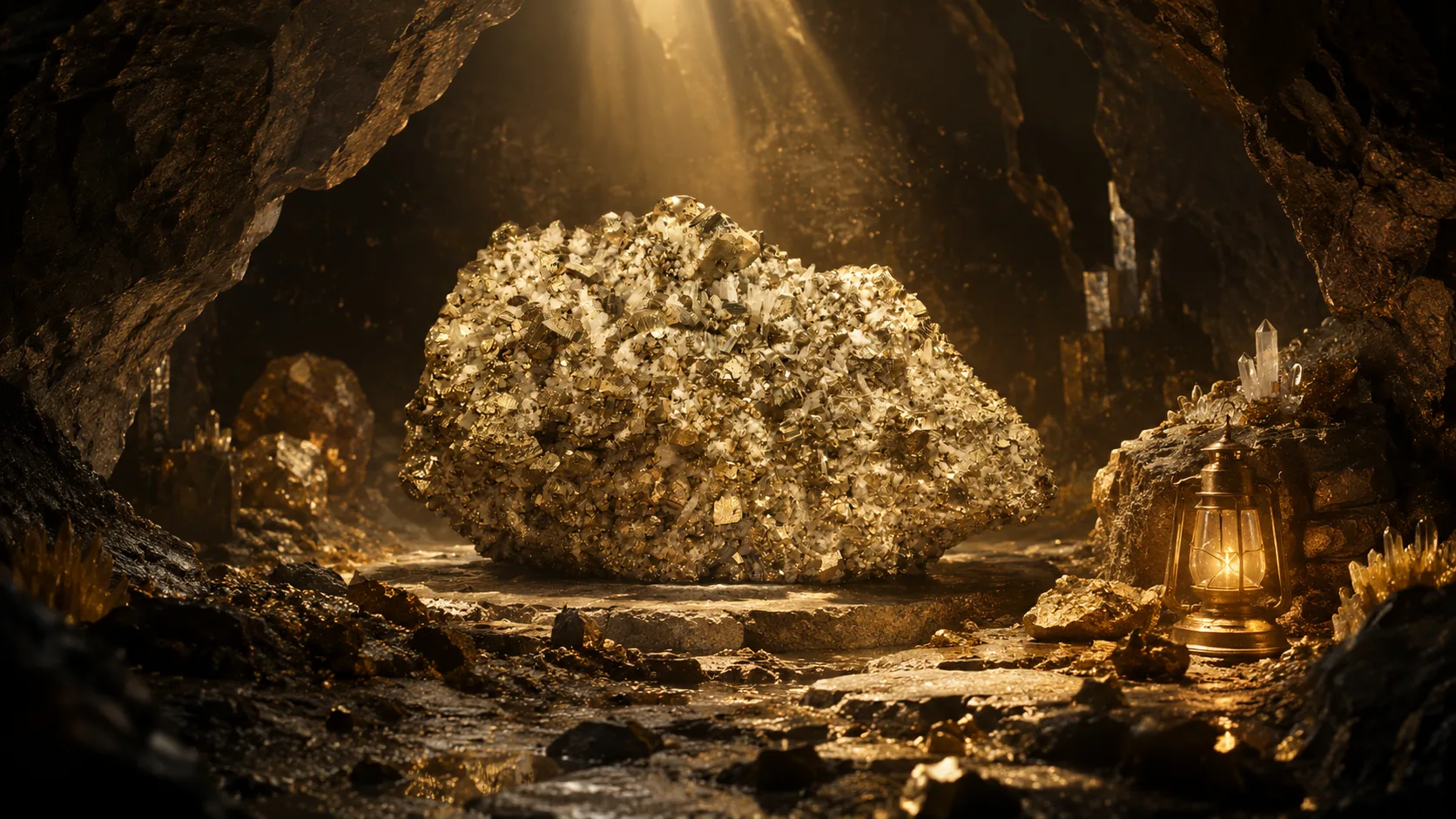 Sfeerbeeld van een groot pyrietblok in een ondergrondse mijngang, in warm licht